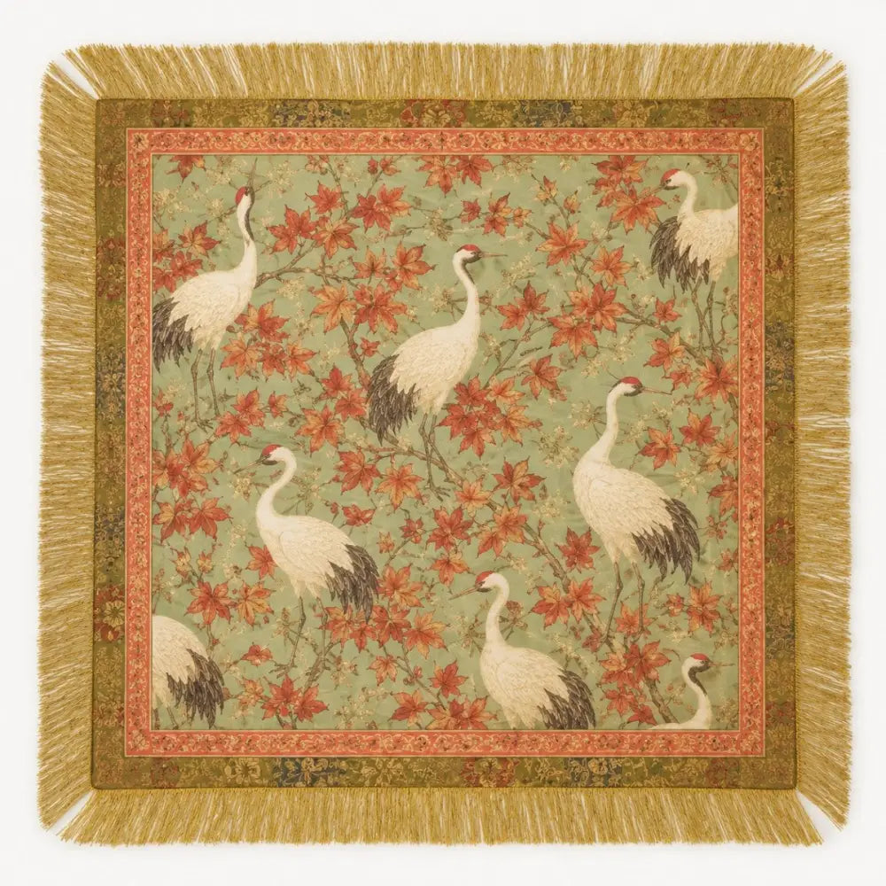 Western Botanical Crane Deer Print Fringed Scarf - Sage Autumn Crane - Accessories