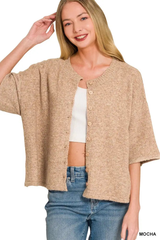 Wool Blend Half Sleeve Cardigan Sweater - Mocha / S-M