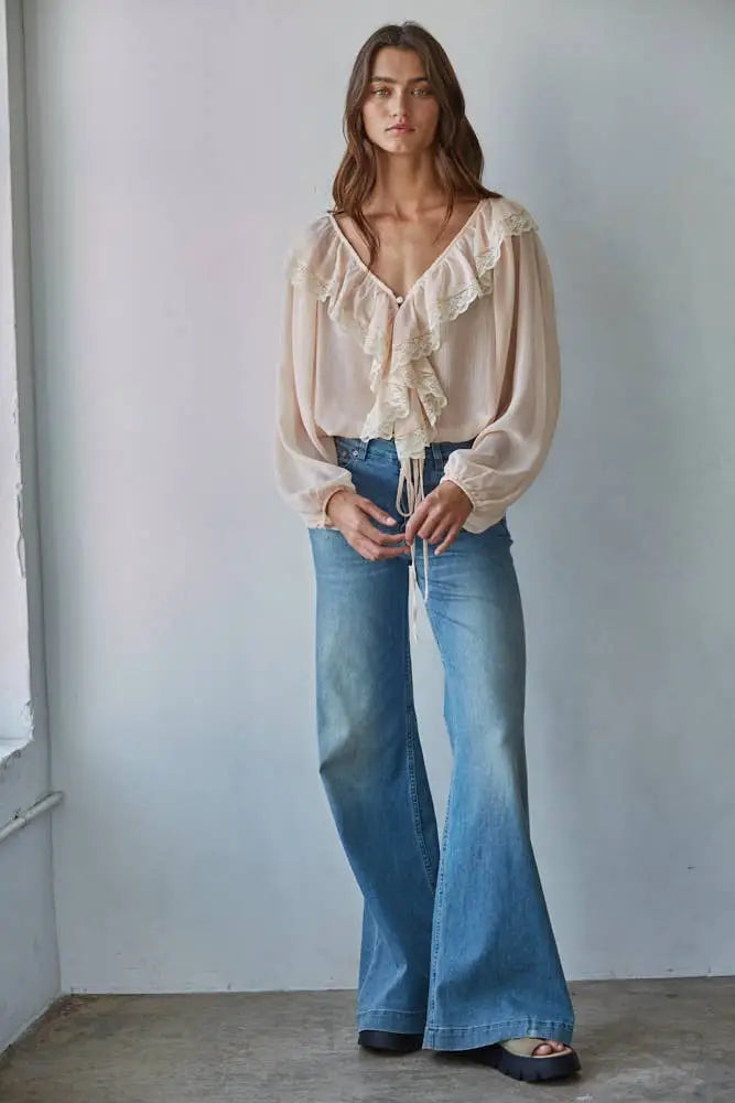 Woven Polyester Chiffon Long Sleeve Ruffle Top : Soft Blush - Posh Finds