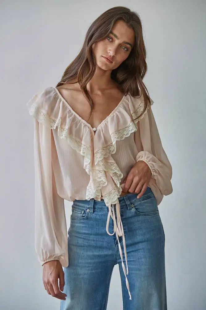 Woven Polyester Chiffon Long Sleeve Ruffle Top : Soft Blush - Posh Finds