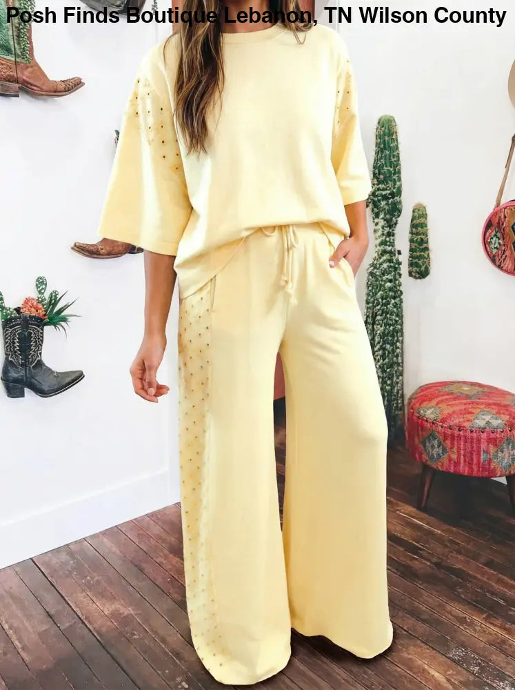 Yellow Cream Eyelet Lace Patched Oversize Tee Drawstring Pants Set - set