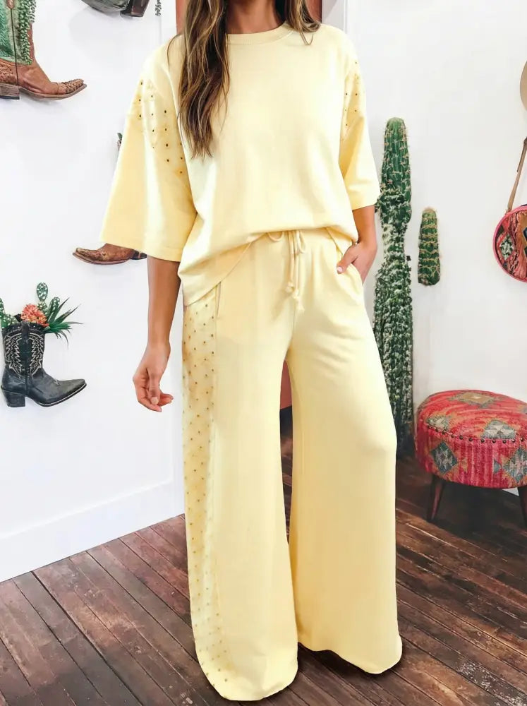 Yellow Cream Eyelet Lace Patched Oversize Tee Drawstring Pants Set - set