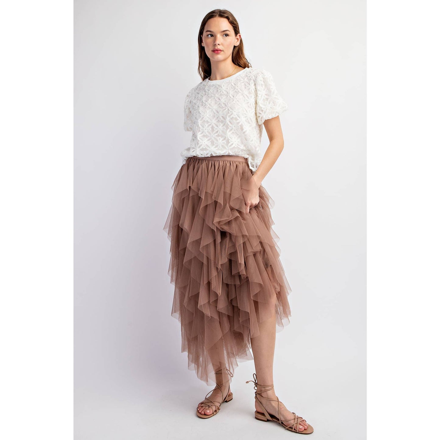 CASCADING TULLE MESH LAYERED MAX SKIRT: Mocha