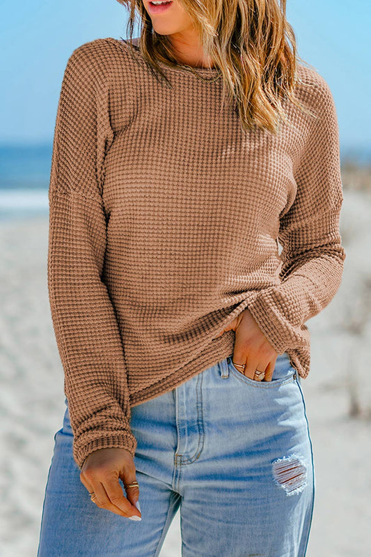 Waffle Knit Drop Shoulder Long Sleeve Top: Khaki