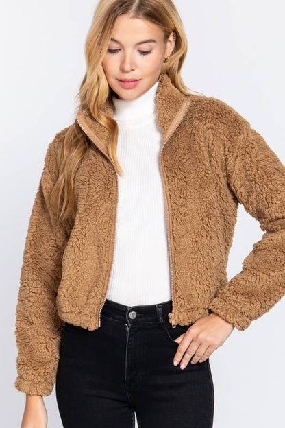 Faux Fur Zip-up Jacket: KHAKI