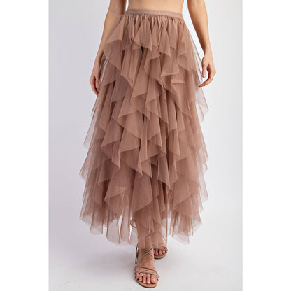 CASCADING TULLE MESH LAYERED MAX SKIRT: Mocha