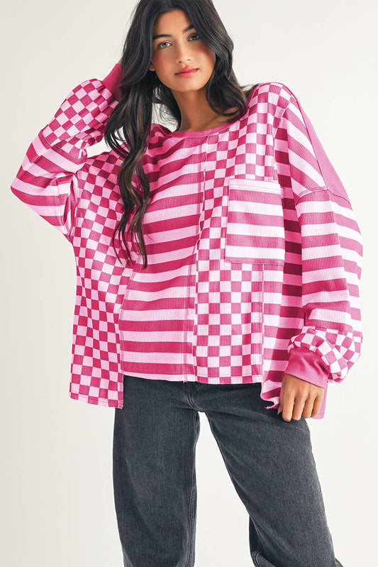 Checkerboard Striped Patchwork Lantern Sleeve Blouse: Rose Red