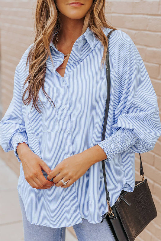 Smocked Cuffed Striped Boyfriend Shirt with Pocket: Sky Blue