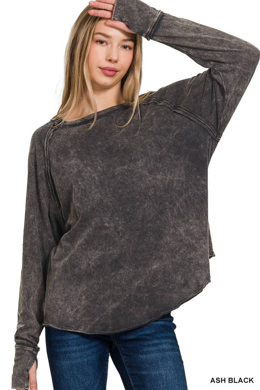 Washed Thumb Hole Cuffs Scoop-neck Long Sleeve Top: ASH BLACK