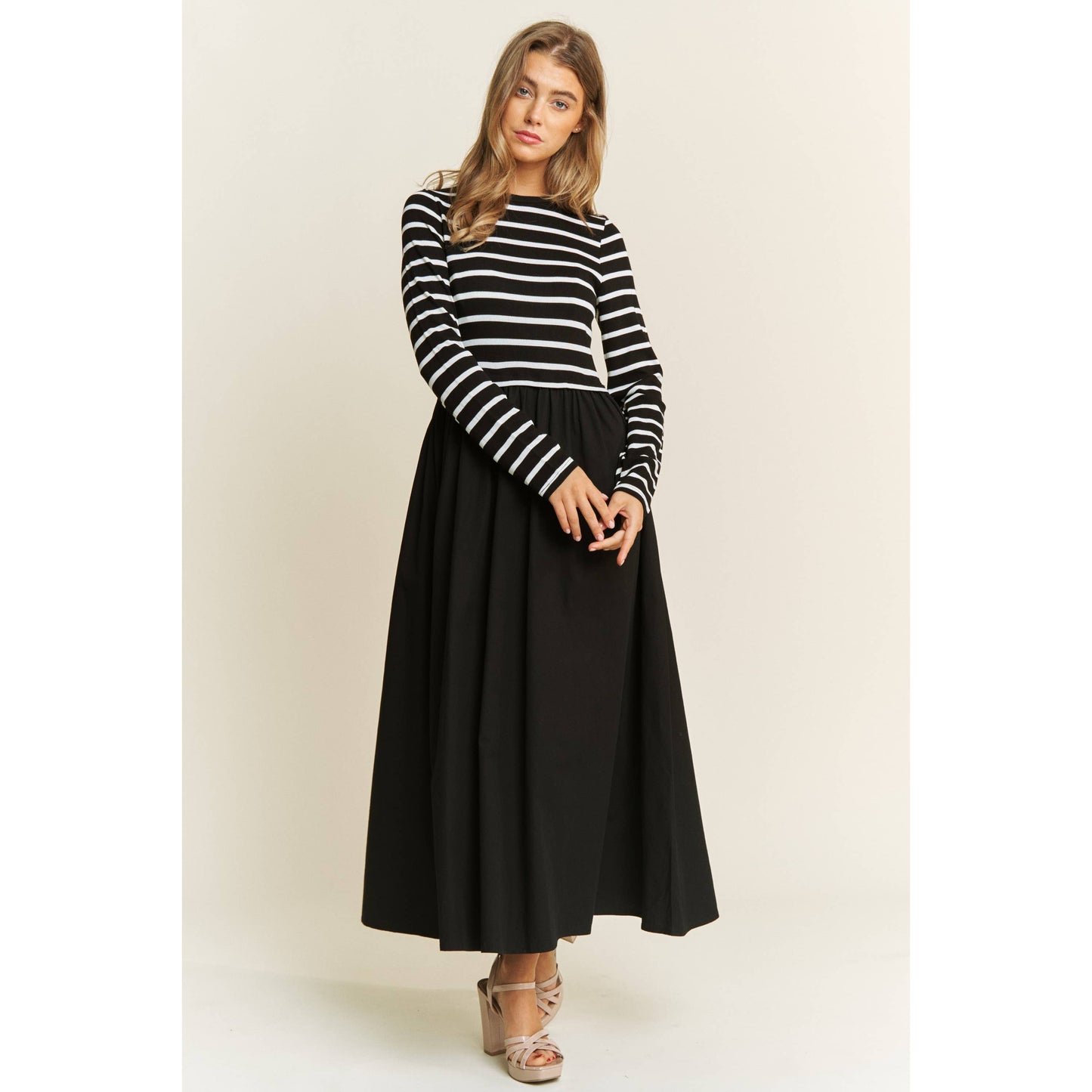 COTTON MAXI DRESS WITH KNIT STRIPE TOP WITH LONG SLEEVES