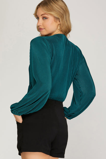 LONG SLEEVE PLEATED WOVEN BODYSUIT Hunter Green or Magenta