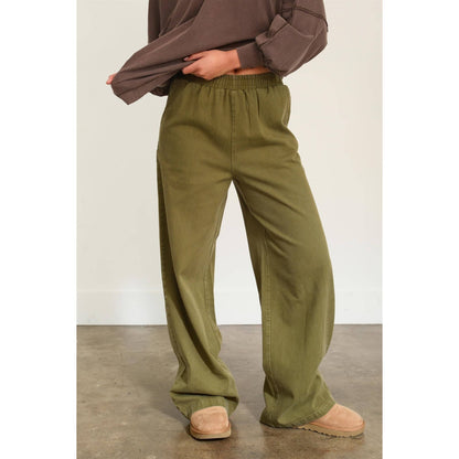 ELASTIC HIGH WAIST WIDE LEG PANTS: MOSS