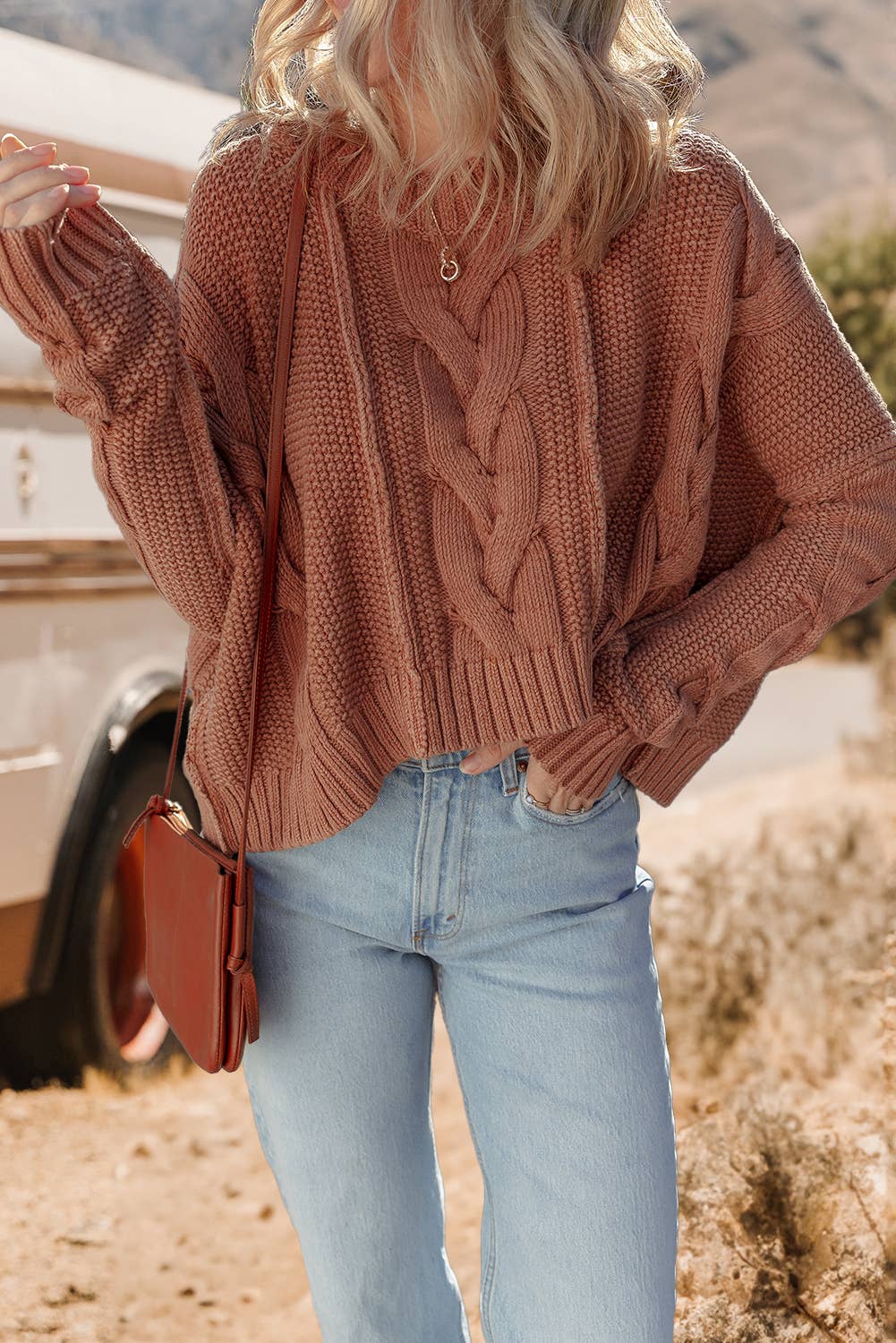 Chunky Fit Slouchy Textured Knit Sweater: Redwood Burl