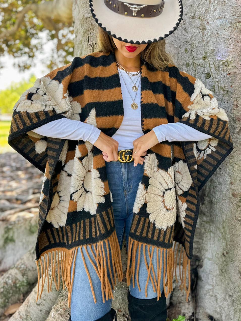 Brown Western Boho 3D Floral Fringe Ruana Cardigan: Brown / One Size