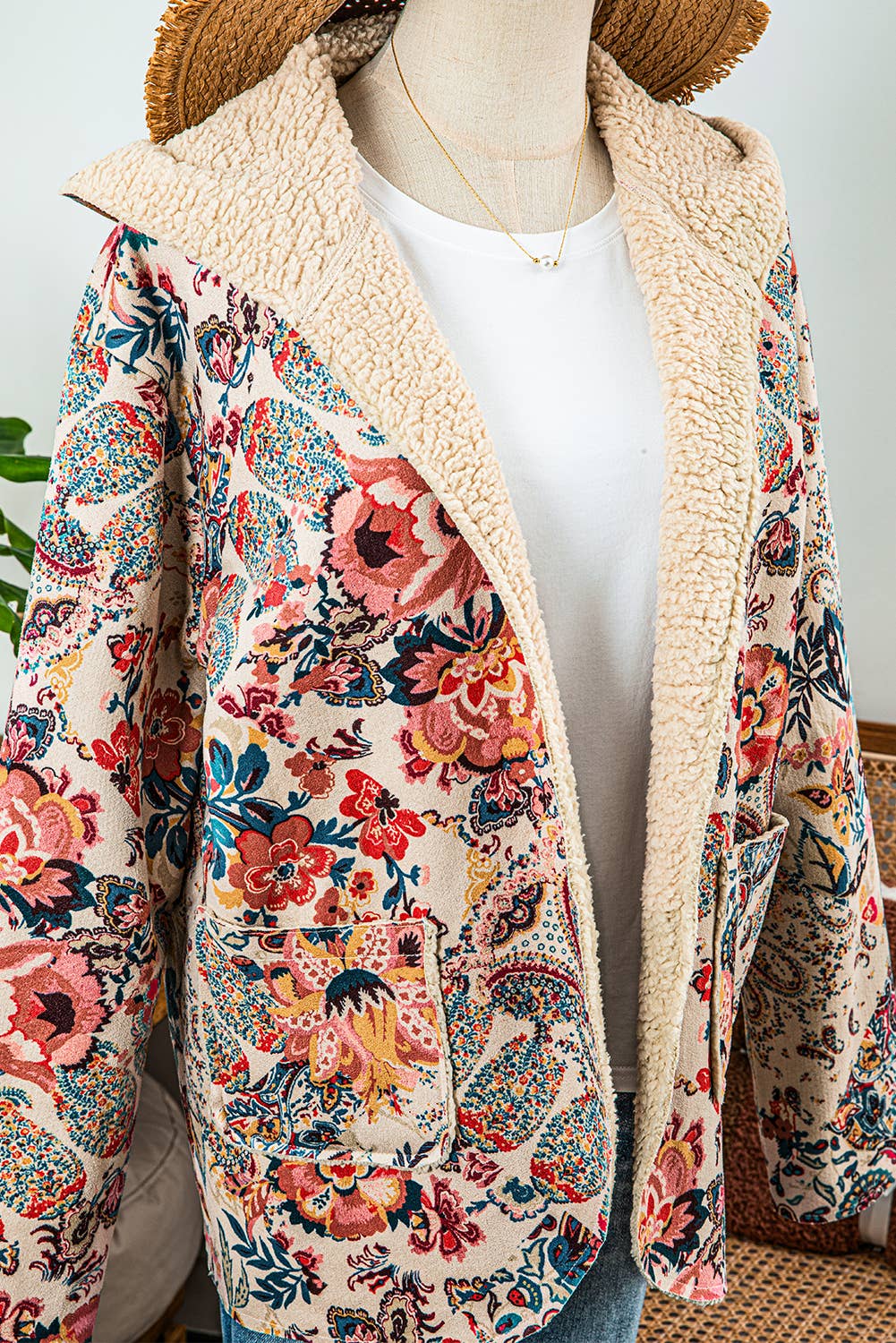 Vintage Paisley Floral Sherpa Lined Hooded Jacket