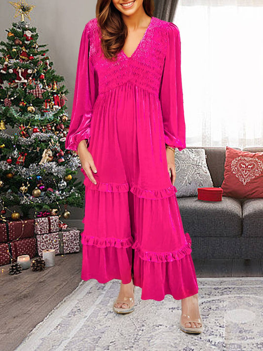 Shirred V Neck Long Sleeve Velvet Jumpsuit: Rose Red