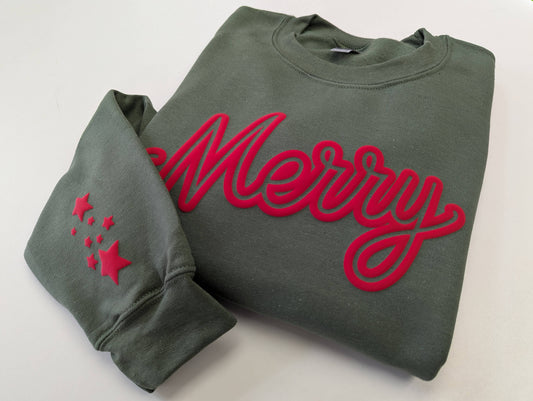 Puff Christmas Crewneck Sweatshirt Holiday Sweater Merry: Military Green