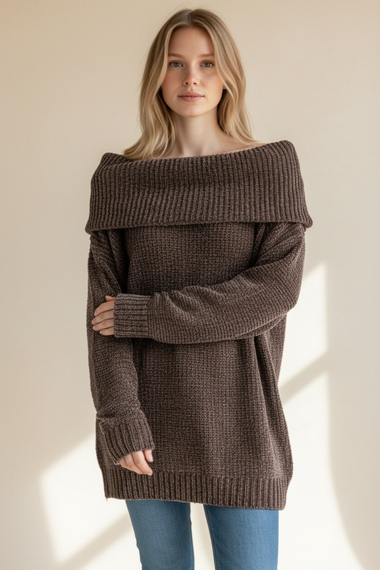 Off Shoulder Chenille Sweater Brown