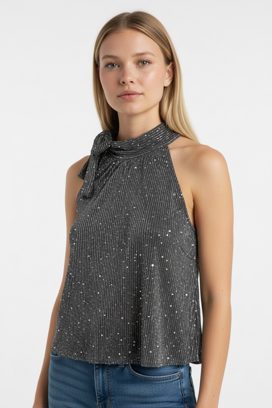 Sleeveless Metallic Tie Neck Halter Top Black