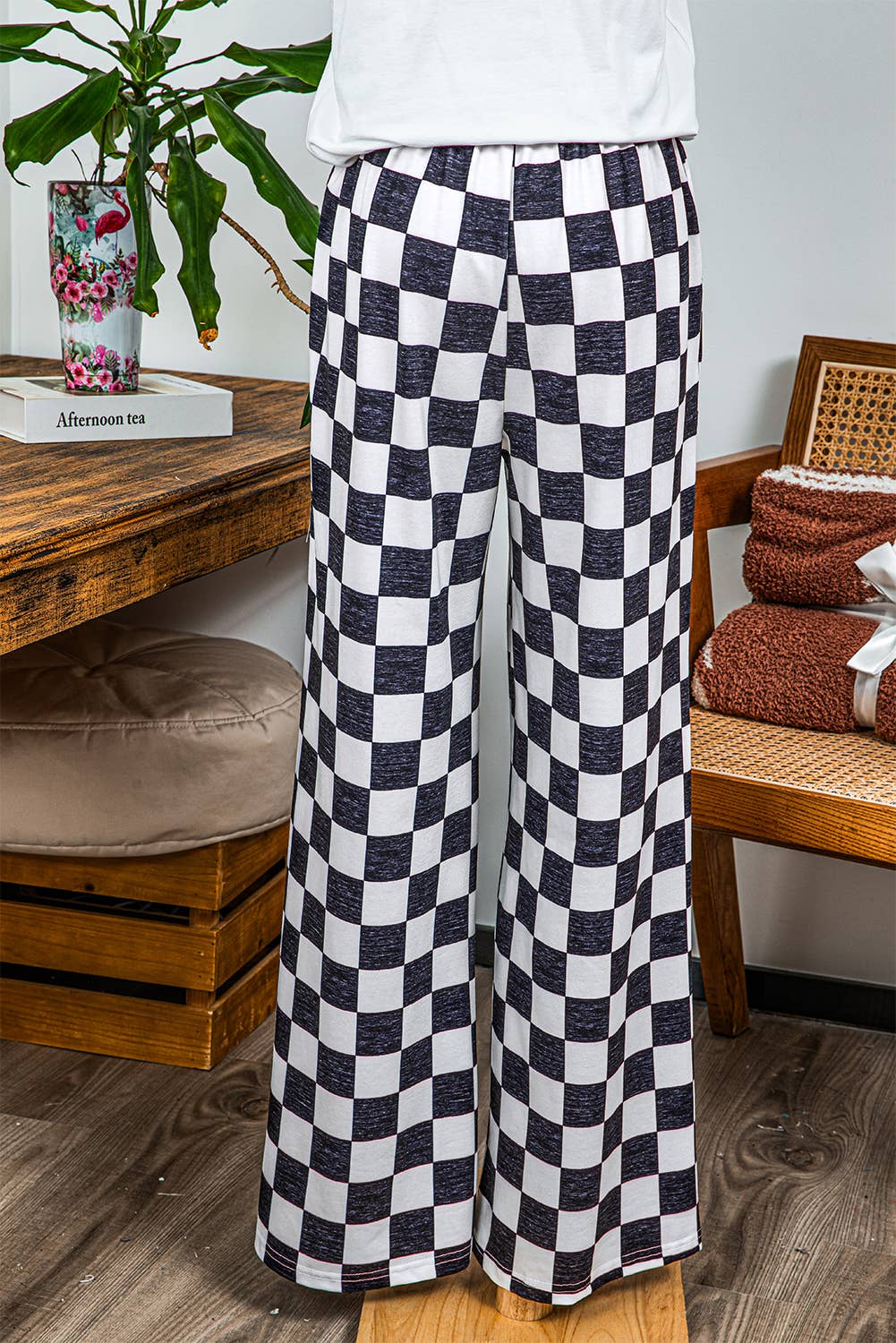 Checked Print High Waist Wide Leg Pants: Black