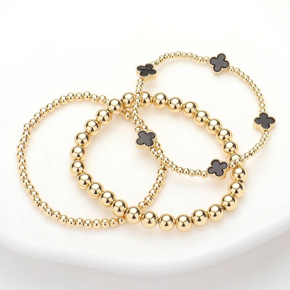 3PCS - Quatrefoil Station Metal Ball Beaded Multi Bracelets: Black