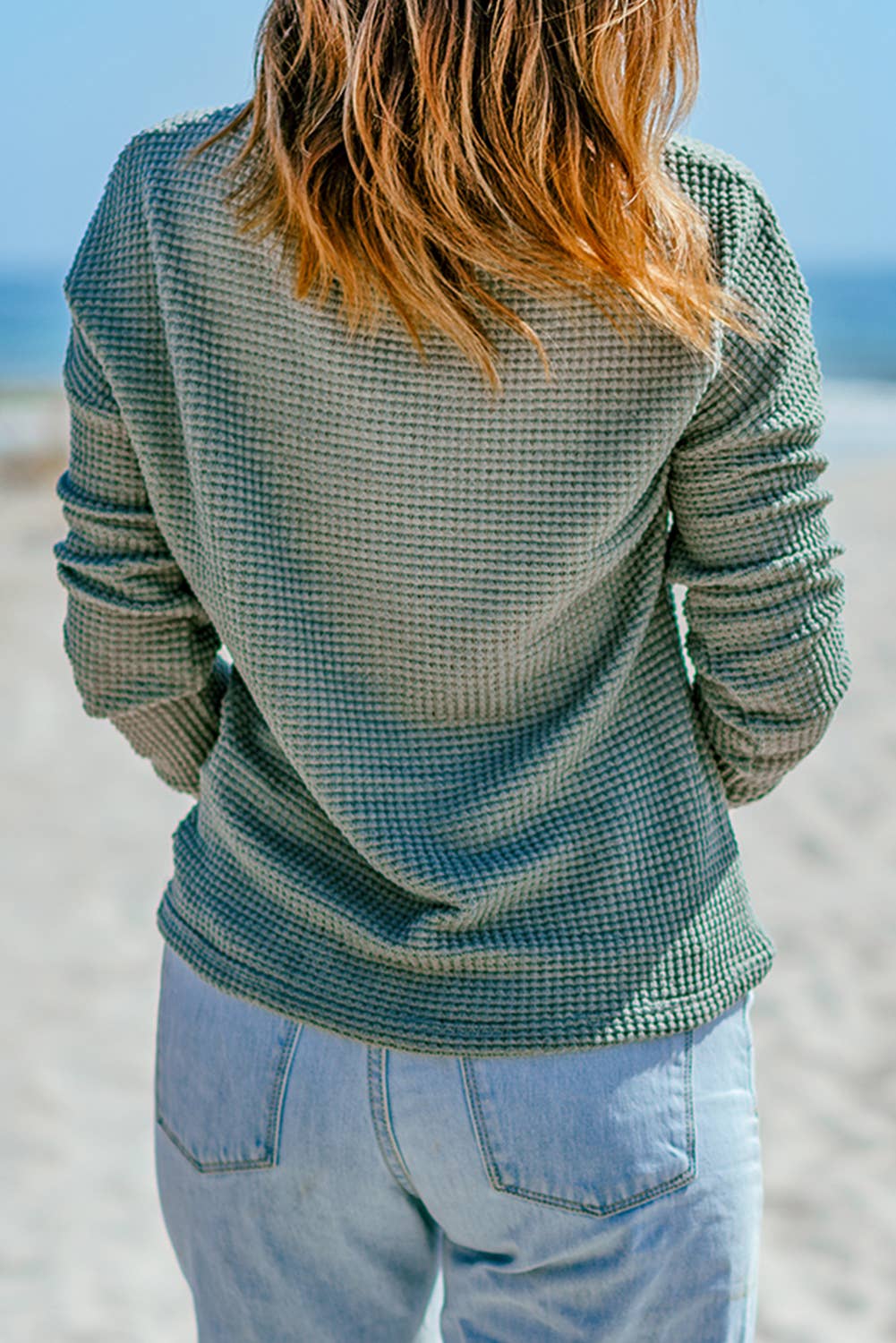 Waffle Knit Drop Shoulder Long Sleeve Top: Khaki