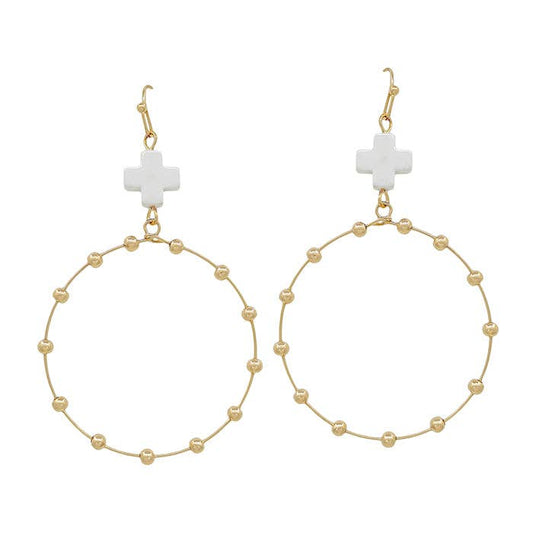 White Cross Shape with Gold Beaded Open Circle Drop 2" Earring