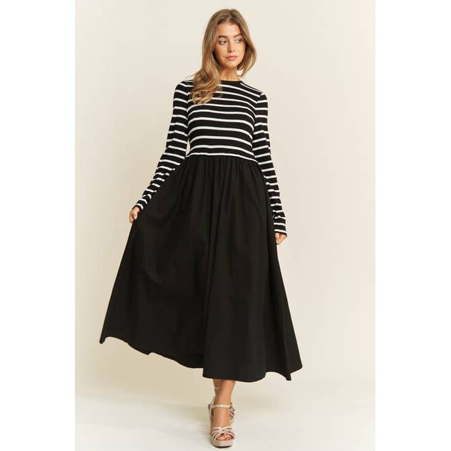 COTTON MAXI DRESS WITH KNIT STRIPE TOP WITH LONG SLEEVES