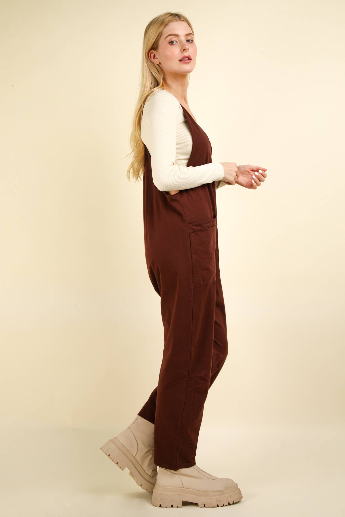 NP70424-Casual Loose Fit Solid Knit Baggy Jumpsuit: BRICK / S-M-L/2-2-2