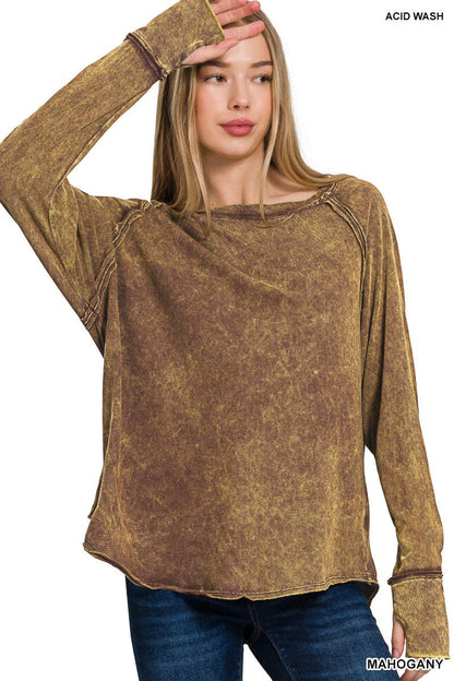 Washed Thumb Hole Cuffs Scoop-neck Long Sleeve Top: MAHOGANY