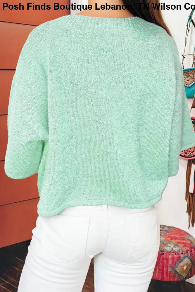 3/4 Sleeve Boxy Knit Button Down Sweater Cardigan: Jade - Posh Finds