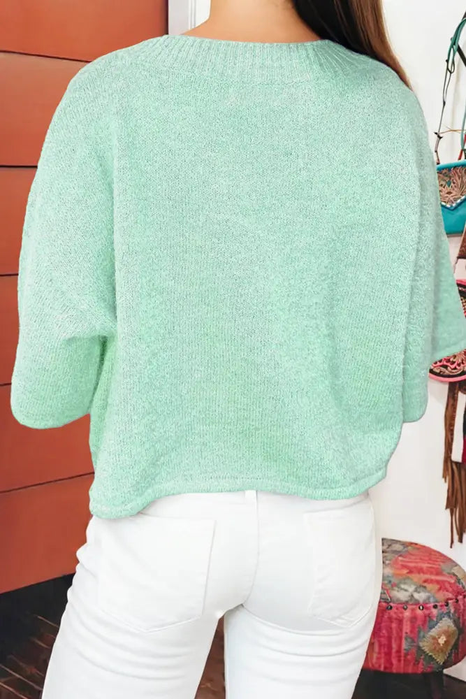 3/4 Sleeve Boxy Knit Button Down Sweater Cardigan: Jade - Posh Finds