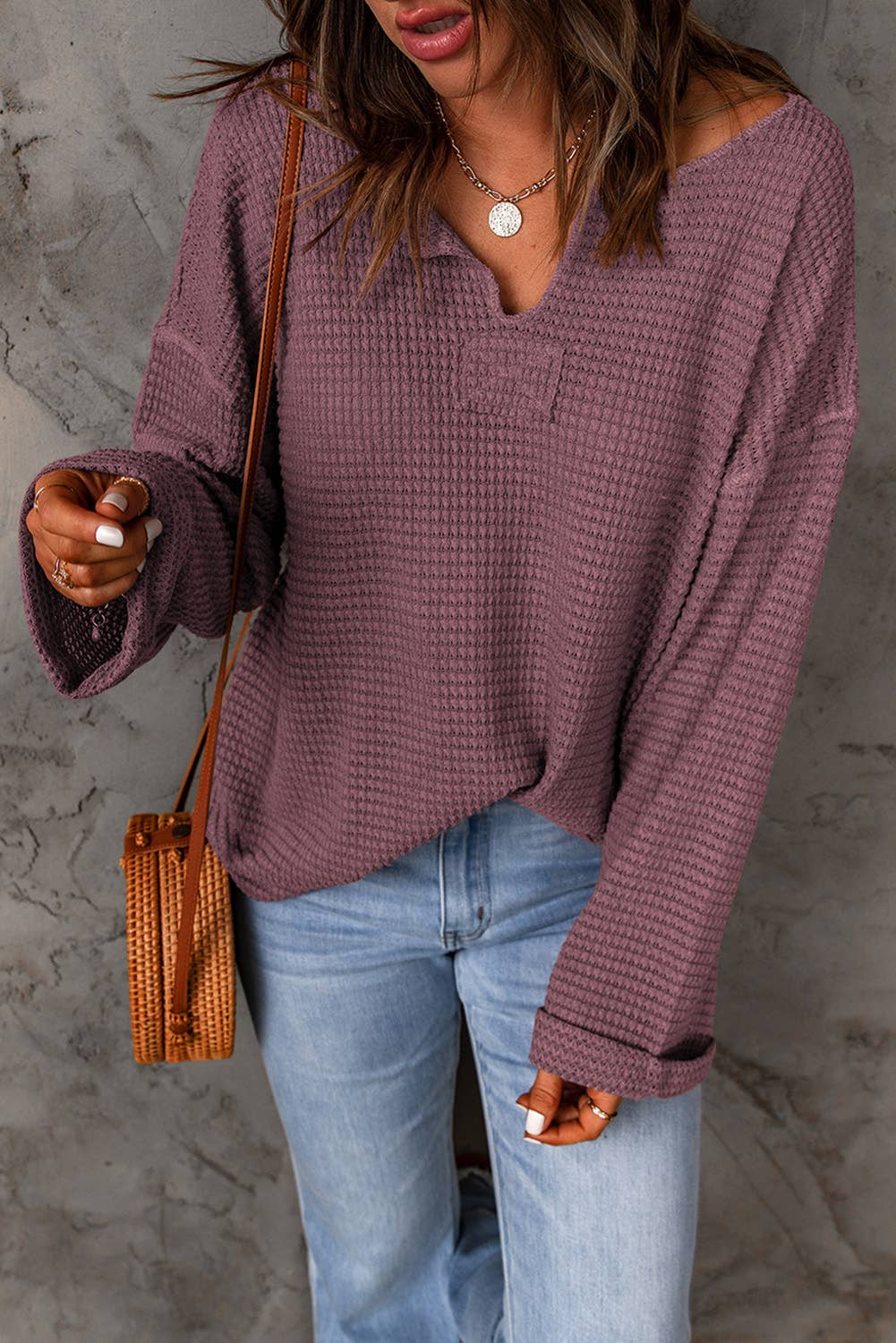 Waffle Knit Loose Long Sleeve Top - 4 Colors: Apricot