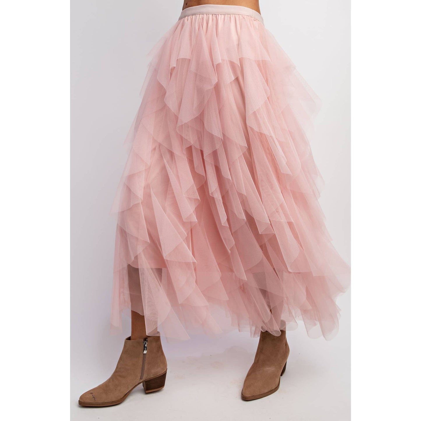 CASCADING TULLE MESH LAYERED MAX SKIRT: Mocha