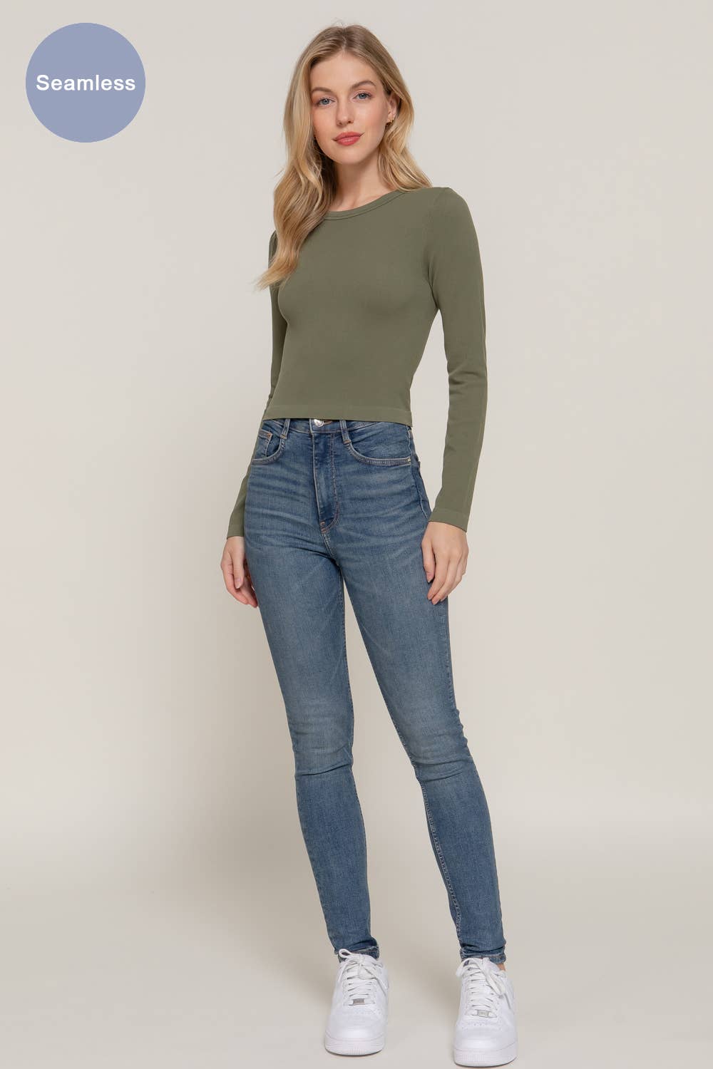 Long Sleeve Crew Neck Rib Seamless Top: Taupe