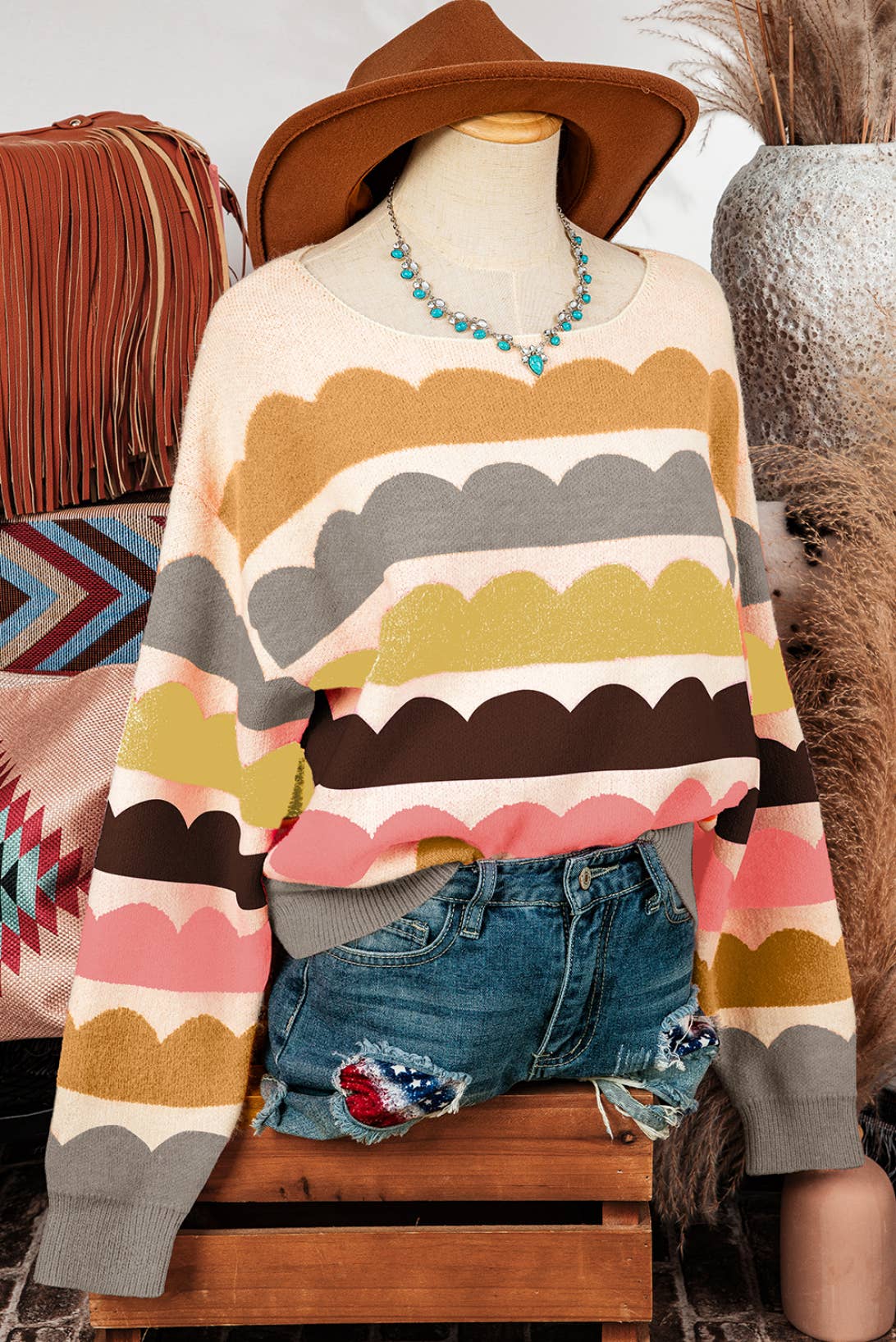 Wave Stripe Balloon Sleeve Drop Shoulder Sweater