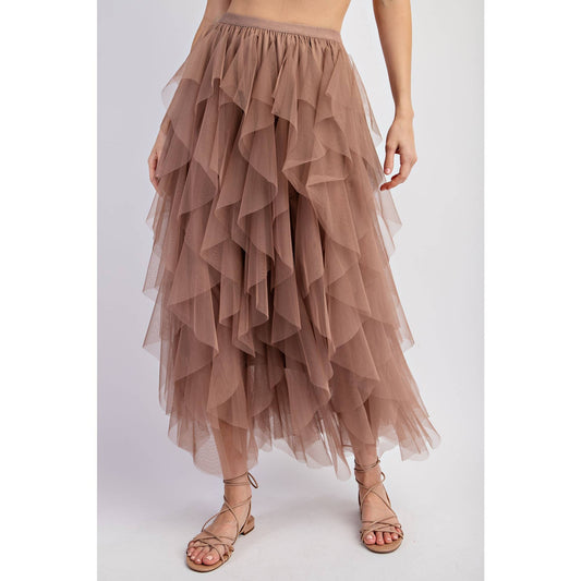 CASCADING TULLE MESH LAYERED MAX SKIRT: Mocha