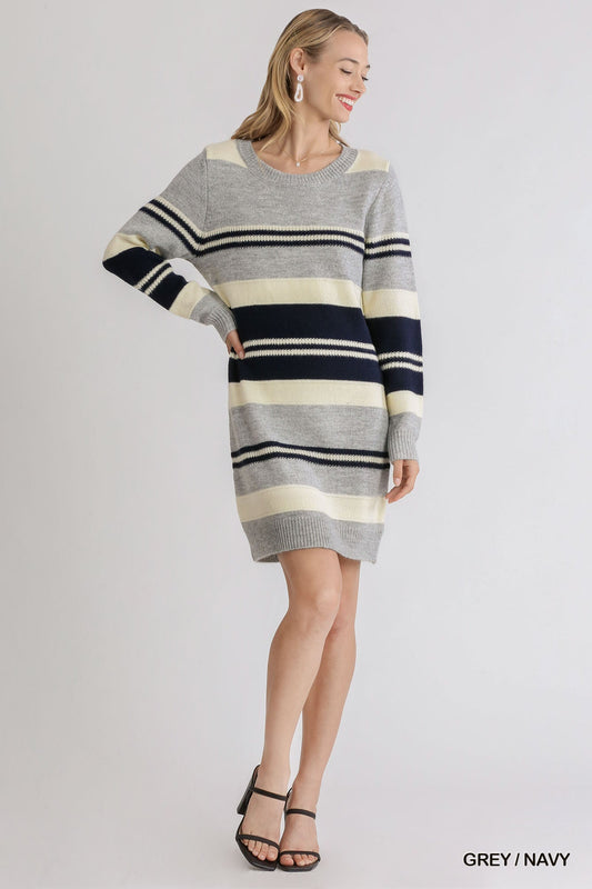 Multi Stripe Long Sleeve Knit Sweater Dress Gray - Posh Finds