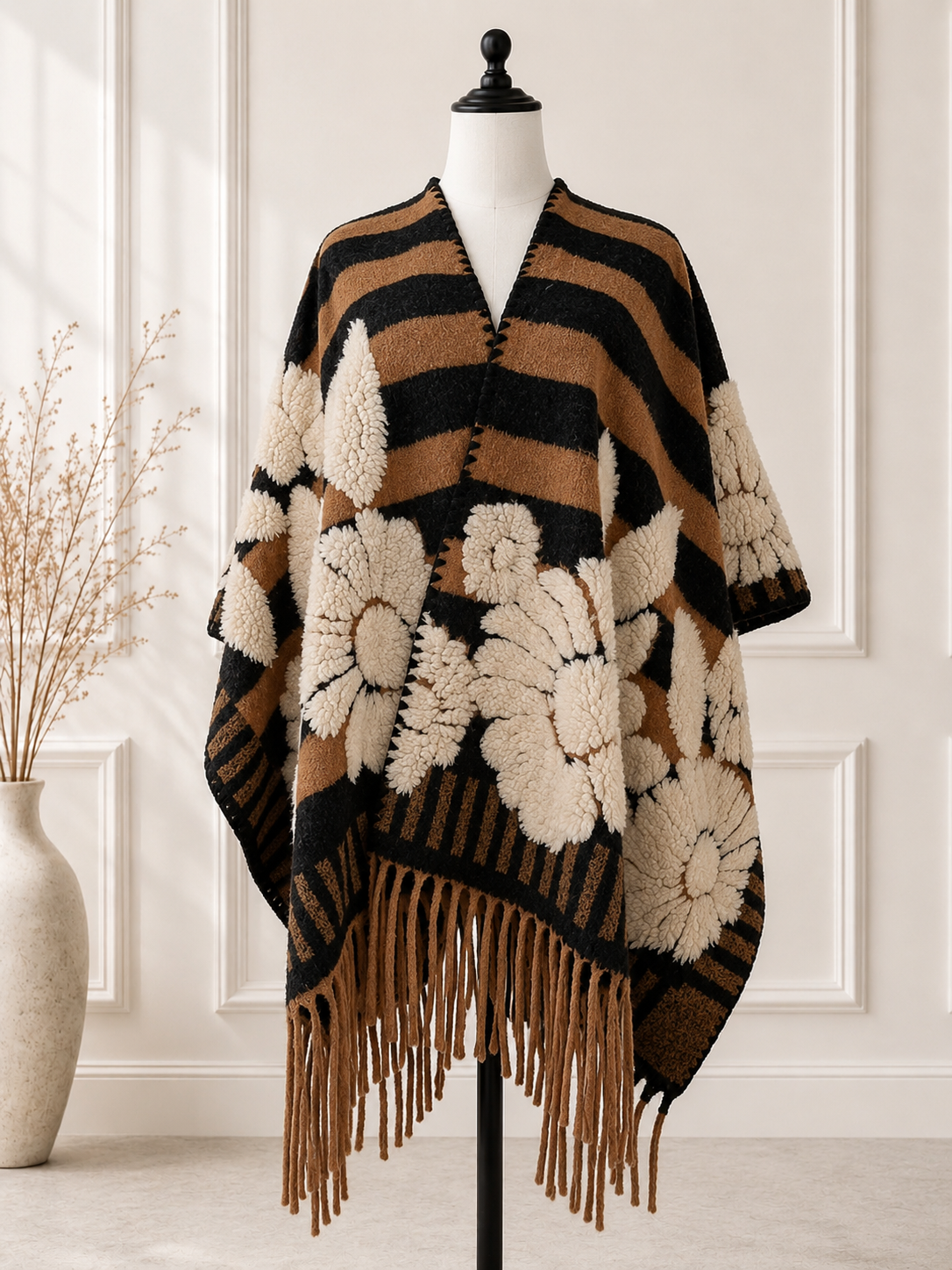 Brown Western Boho 3D Floral Fringe Ruana Cardigan: Brown / One Size