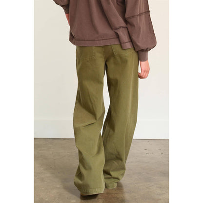 ELASTIC HIGH WAIST WIDE LEG PANTS: MOSS