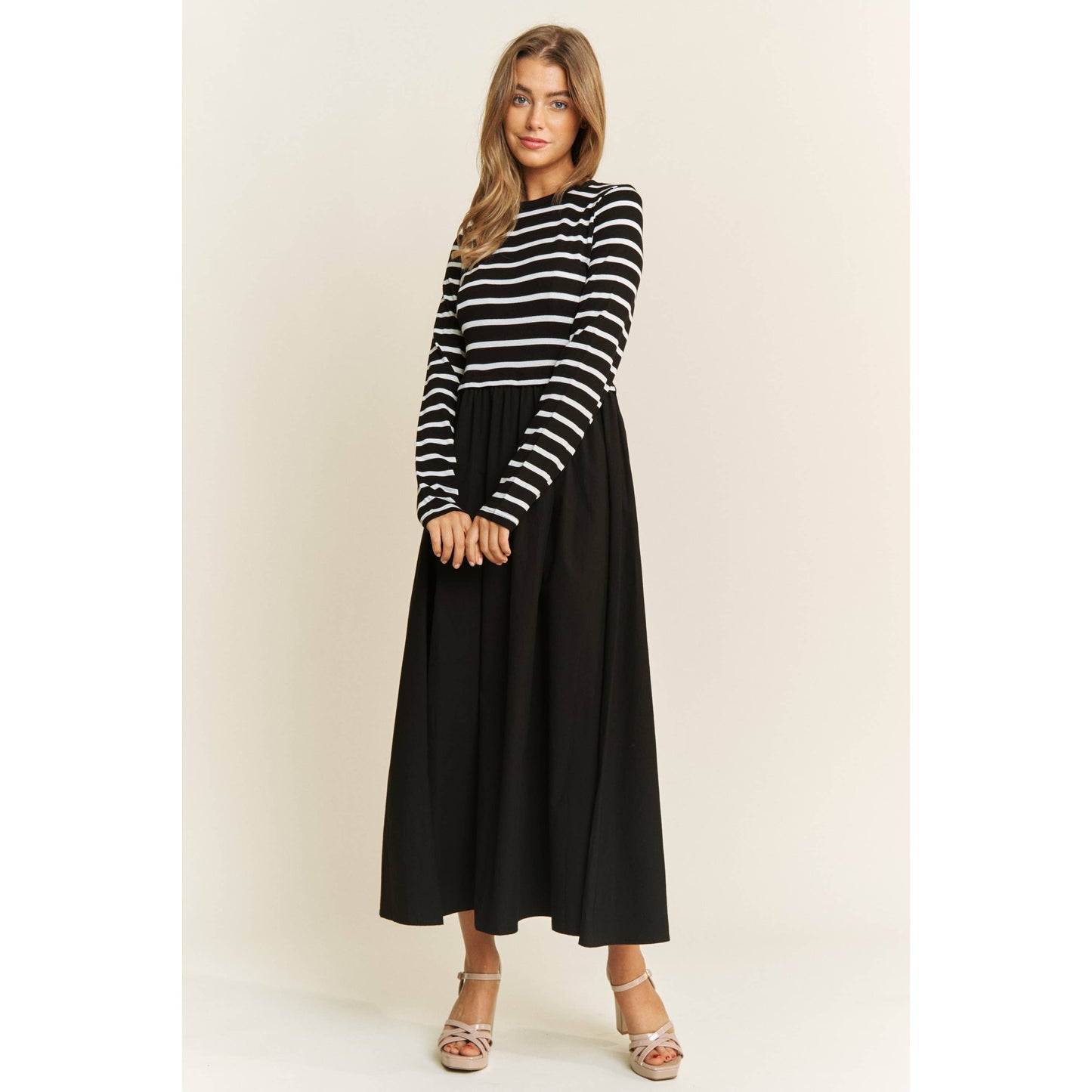 COTTON MAXI DRESS WITH KNIT STRIPE TOP WITH LONG SLEEVES