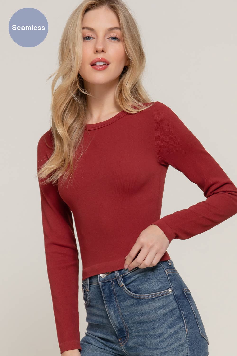 Long Sleeve Crew Neck Rib Seamless Top: Taupe