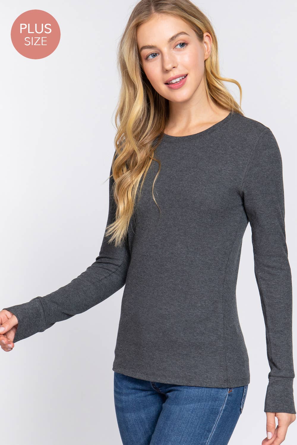 Plus Long Sleeve Crew Neck Thermal Knit Top: Ivory