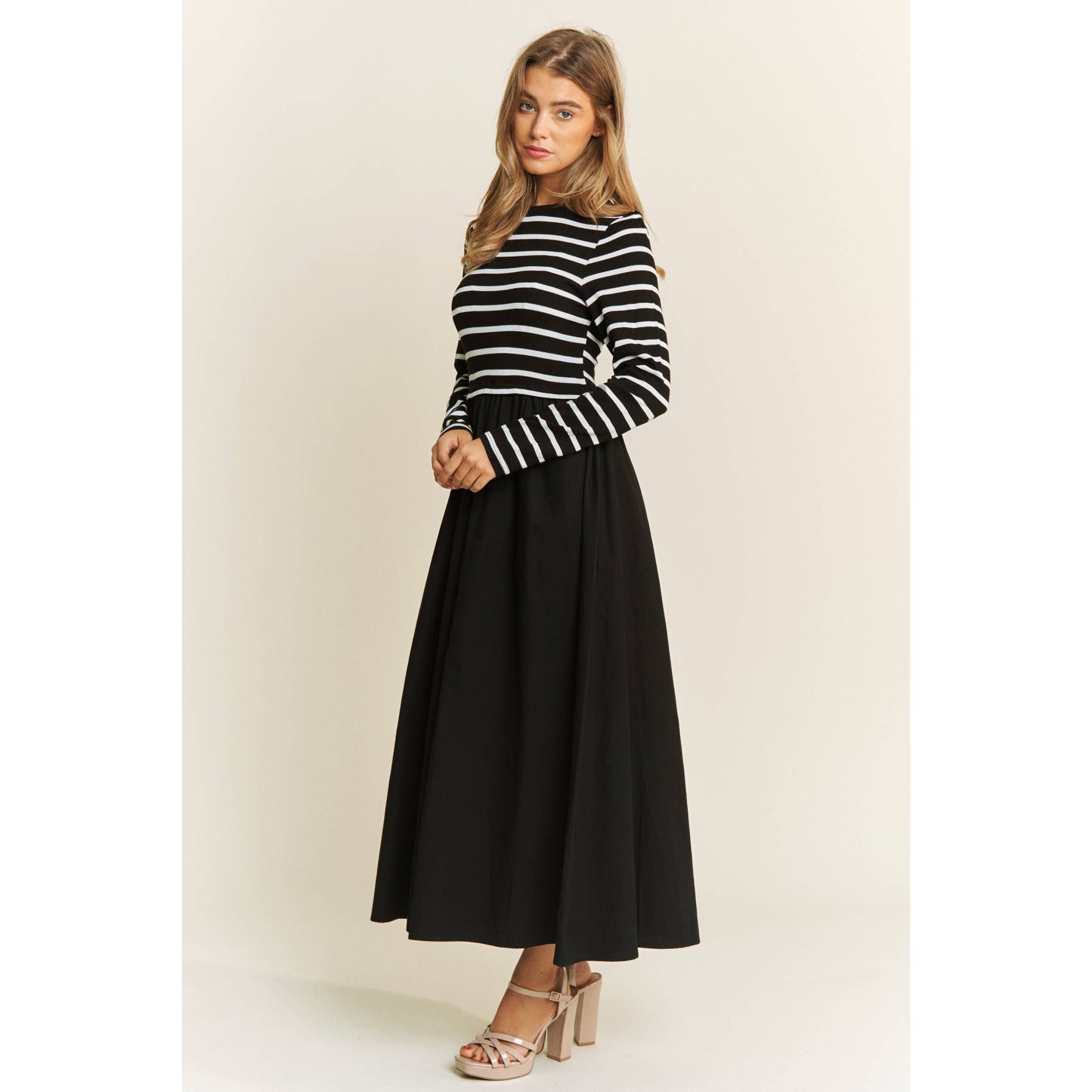 COTTON MAXI DRESS WITH KNIT STRIPE TOP WITH LONG SLEEVES