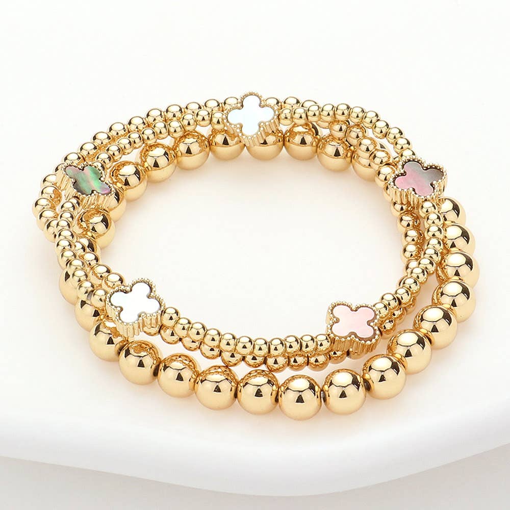 3PCS - Quatrefoil Station Metal Ball Beaded Multi Bracelets: Pearl