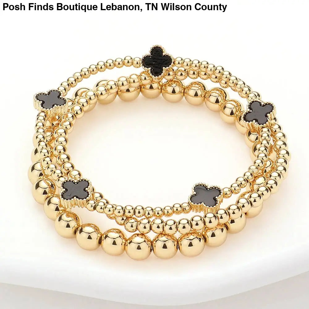3PCS - Quatrefoil Station Metal Ball Beaded Multi Bracelets: Black - Posh Finds
