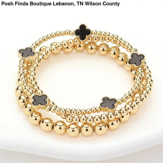 3PCS - Quatrefoil Station Metal Ball Beaded Multi Bracelets: Black - Posh Finds