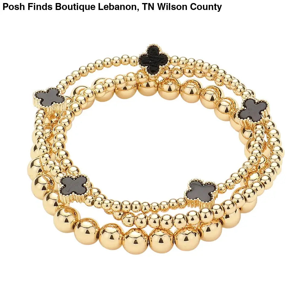3PCS - Quatrefoil Station Metal Ball Beaded Multi Bracelets: Black - Posh Finds