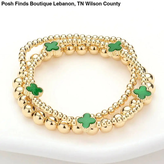 3PCS - Quatrefoil Station Metal Ball Beaded Multi Bracelets: Green - Posh Finds
