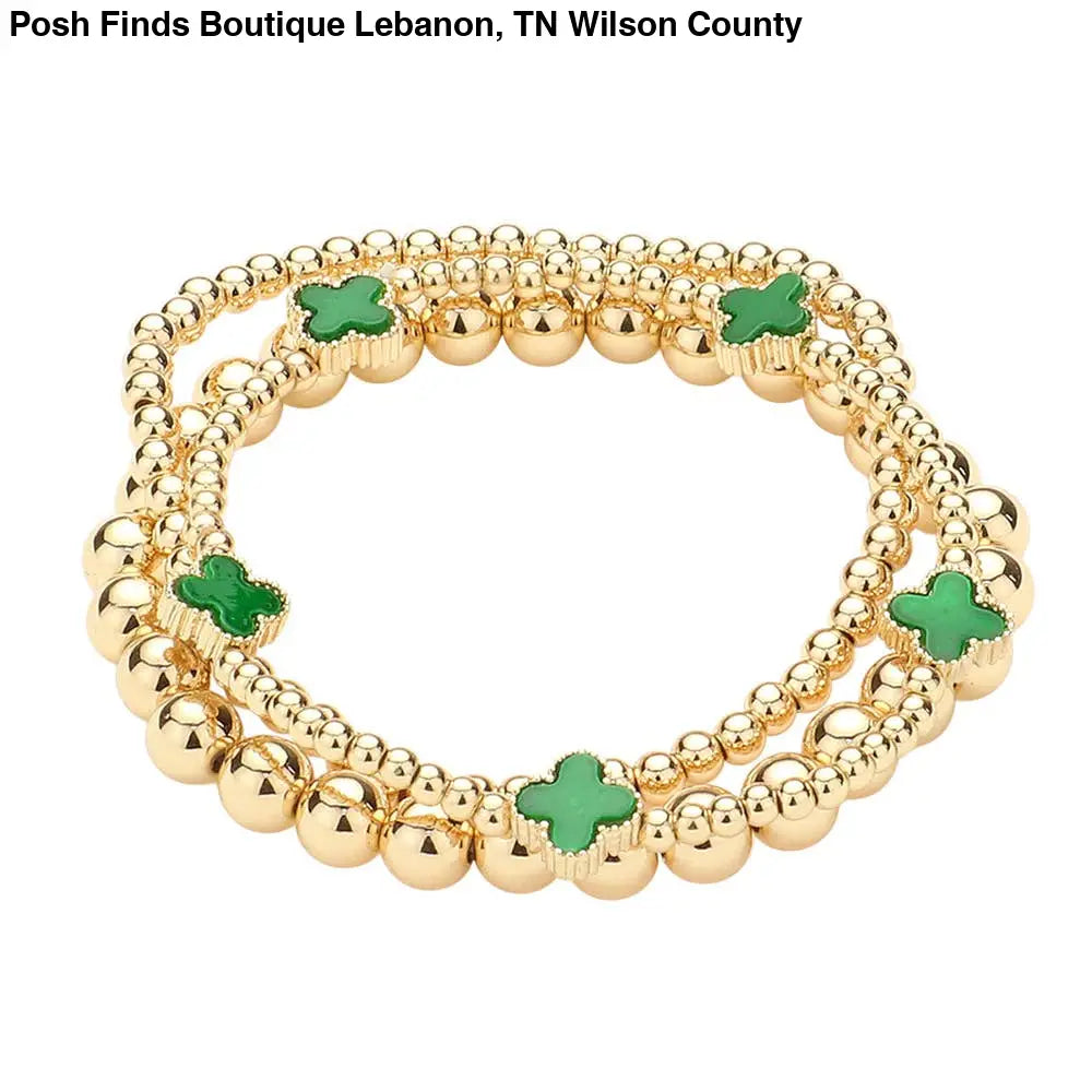 3PCS - Quatrefoil Station Metal Ball Beaded Multi Bracelets: Green - Posh Finds